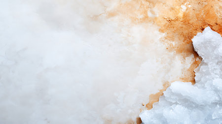 A close-up view of a natural salt texture with a white crystalline structure against a brown mineral...