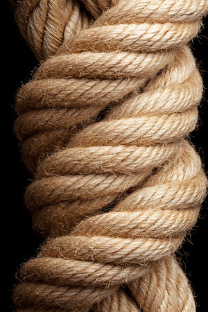 This image showcases a close-up view of twisted natural fiber rope, highlighting its textured...