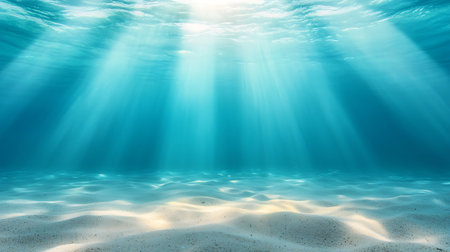 This serene underwater scene showcases bright sunlight filtering through crystal-clear ocean water, illuminating a sandy ocean floor. Perfect for conveying tranquility and natural beauty.の写真素材