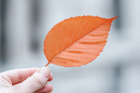 A close-up image of a vibrant orange leaf held delicately in a hand, showcasing intricate textures...
