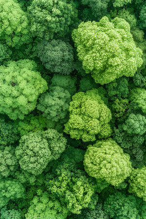 Experience the beauty of nature with this aerial view showcasing a vibrant forest canopy filled with...