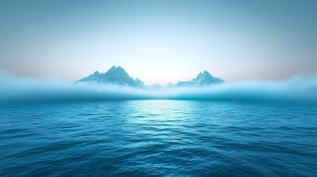 A tranquil ocean landscape features mist-covered mountains in the distance, radiating calmness and...