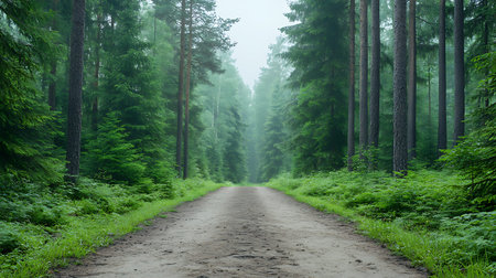 Discover a tranquil forest pathway lined with lush green trees, shrouded in mist. This serene scene...