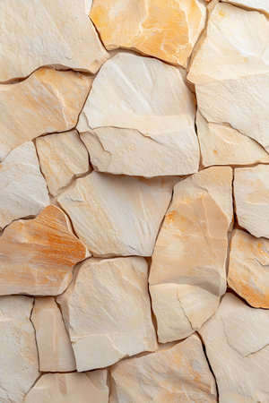 Close-up view of a natural stone wall featuring irregular beige and cream-colored stones. The...