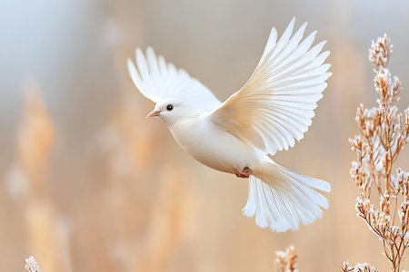 A beautiful white bird gracefully flies over soft grasses, showcasing its elegant wings against a serene blurred background. Perfect for nature lovers.の写真素材