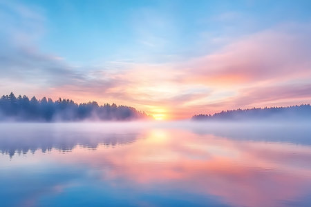 A tranquil lake scene at sunrise, showcasing soft mist rising above the calm water. The colorful sky reflects perfect hues across the serene surface, creating a peaceful atmosphere.の写真素材