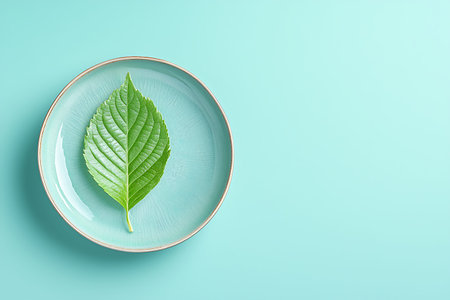 A vibrant green leaf rests elegantly on a soft blue plate, showcasing minimalist design and natural beauty, ideal for lifestyle, health, or culinary themes.の写真素材