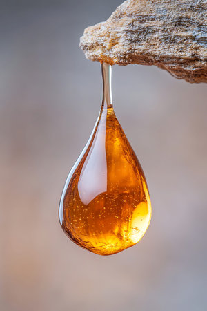 Discover the intricate beauty of an amber honey drop gracefully hanging from a rock surface. Captivating textures and golden hues highlight the elegance of nature's creations.の写真素材