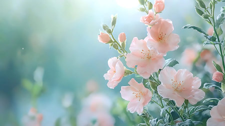 This captivating image showcases soft pink blossoms bathed in gentle morning light, embodying the beauty of nature in a serene garden setting.の写真素材