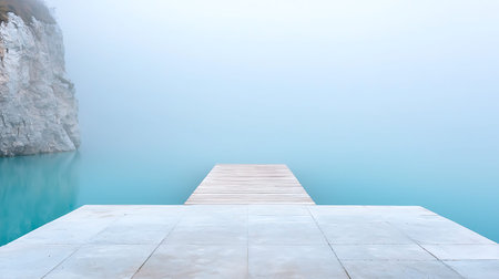 A tranquil scene depicting a wooden pier reaching into a misty lake, surrounded by soft gray fog and...