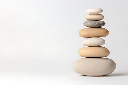 An artistic display of stacked stones on a soft background, evoking feelings of balance and...