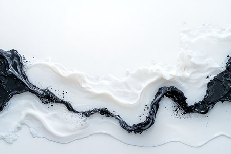 A captivating abstract art piece featuring black and white paint flowing in smooth waves, creating a striking contrast on a light background. Ideal for modern decor.の写真素材