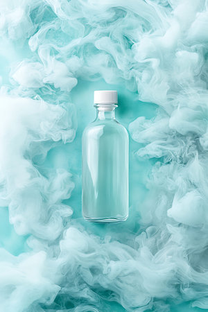 A striking image of a clear glass bottle set against a soft aqua smoke background, showcasing modern...