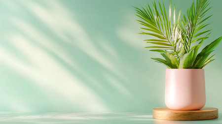 A stylish indoor plant in a sleek pot on a wooden platform, set against a soft green wall, creating a calming and modern atmosphere with gentle shadows.の写真素材