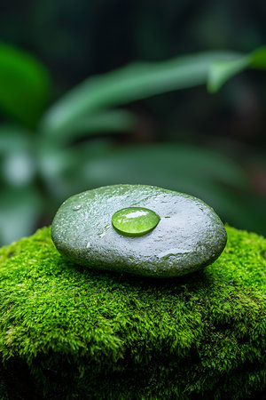 A serene green stone with a glistening water droplet rests on a vibrant mossy surface, set within a lush natural environment, symbolizing tranquility and beauty.の写真素材