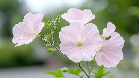 A close-up view of delicate pink flowers blooming among lush green leaves, set against a soft focus...