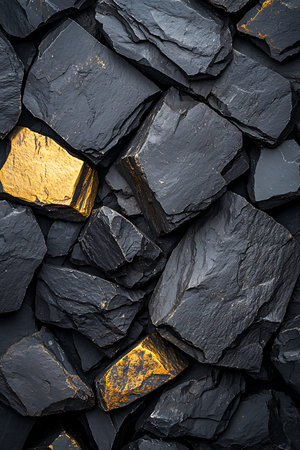 A stunning arrangement of black slate stones interspersed with vibrant gold accents, creating an...