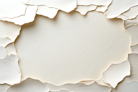 A visually captivating textured background featuring torn layers of paper in soft white and beige...