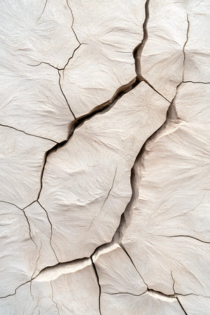 This image showcases a close-up of cracked dry ground, highlighting unique textures and patterns in...
