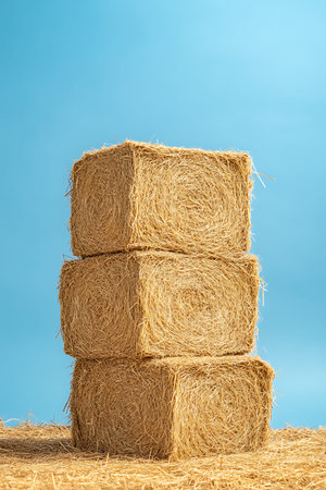 Three neatly stacked hay bales sit against a vibrant blue sky, capturing the essence of agricultural...