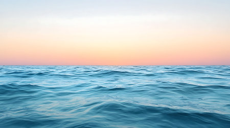 Experience the tranquil beauty of a calm ocean at sunset, showcasing gentle waves and a soft color...