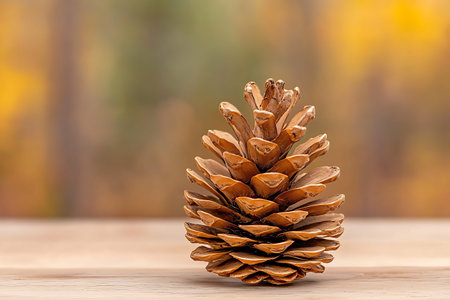 A beautifully detailed close-up of a natural pinecone resting on a wooden surface. The soft autumn...