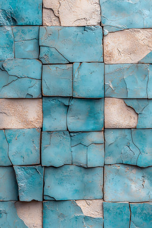 This image features a captivating textured wall composed of blue and beige tiles, showcasing...