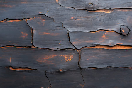 Close-up view of a textured black wooden surface showcases intricate cracks and unique patterns,...