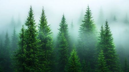 Experience the enchanting beauty of a lush evergreen forest enveloped in mist. This serene landscape...