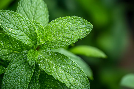 Close-up of vibrant green mint leaves adorned with glistening water drops, showcasing their...