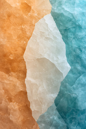 Beautifully textured blocks of natural salt display vibrant orange, white, and blue tones, perfect...