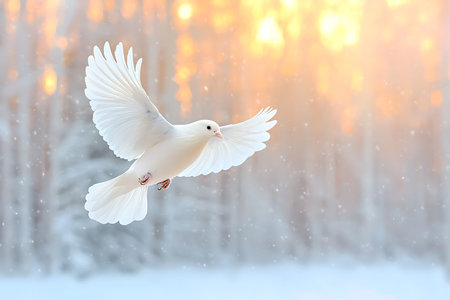 A stunning white dove gracefully soars through a snow-covered forest, illuminated by gentle sunrise...