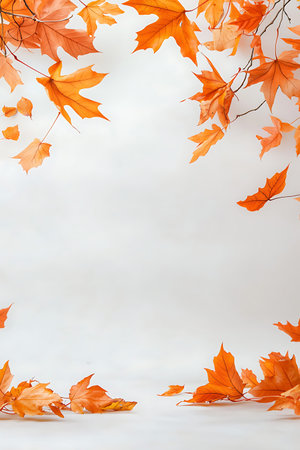 A captivating arrangement of vibrant autumn leaves on a soft white background. Perfect for seasonal...