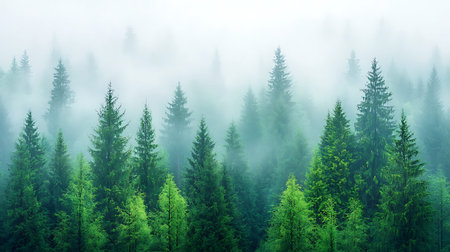 Explore the serene beauty of a misty forest landscape featuring lush green trees enveloped in...
