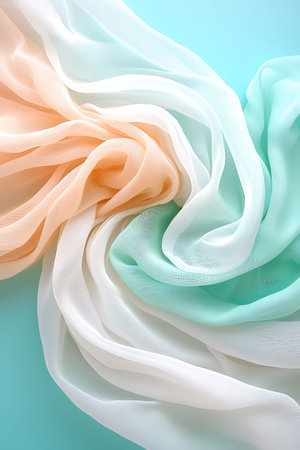 This image features soft, flowing fabrics in pastel colors of peach, mint green, and white,...