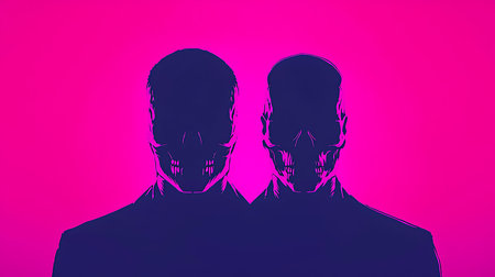 This striking digital artwork features two silhouetted figures with skull-like faces set against a...