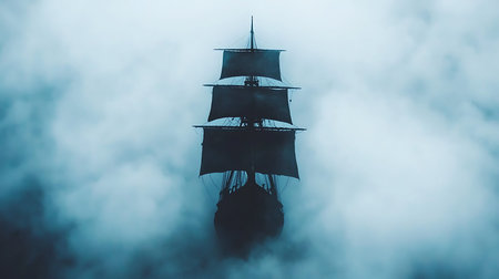 A captivating silhouette of a ship emerges from thick fog, creating a mysterious and dramatic...