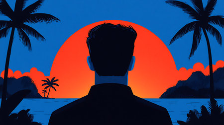 A serene illustration of a man gazing at a vibrant sunset over the ocean, framed by palm trees,...