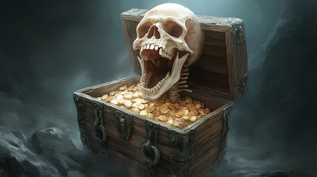 An eerie treasure chest overflowing with gold coins and a skull, evoking themes of mystery and adventure, perfect for fantasy art and storytelling.の写真素材