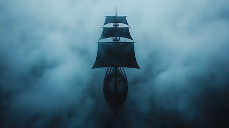 A mysterious sailing ship navigates through thick fog, creating an eerie atmosphere. The scene evokes adventure, exploration, and a sense of tranquility over the dark ocean.の写真素材