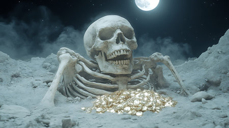 A haunting scene featuring a skeleton resting by a pile of gold coins under a glowing full moon,...