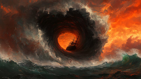 A stunning seascape depicts a ship navigating turbulent waters amidst swirling dark clouds and a...