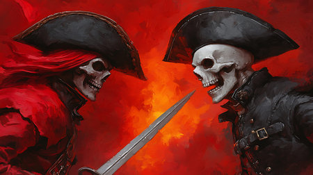 A dramatic scene illustrating a duel between two pirate skeletons, highlighting intense expressions, swords, and a vibrant fiery background to create a captivating fantasy atmosphere.の写真素材