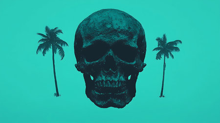 This vibrant artwork features a striking skull design set against a bright teal background with palm...