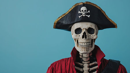 A striking image of a pirate skeleton donned in a black hat and red jacket, perfect for Halloween decoration, themed parties, or creative projects.の写真素材