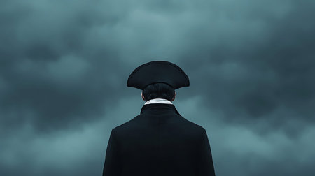 A lone figure in historical attire gazes into a dramatic overcast sky, evoking feelings of mystery...