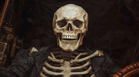 A playful and humorous skeleton selfie captured in a dark environment, ideal for Halloween designs,...