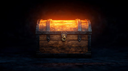 A beautifully crafted wooden treasure chest radiates a warm glow in a dark fantasy environment, inviting exploration and igniting the imagination of adventure seekers.の写真素材