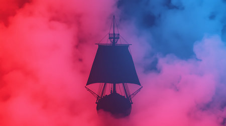 A striking silhouette of a ship emerges from colorful smoke in vibrant blue and red, creating a...