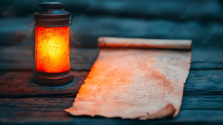 A vintage lantern emits a warm glow beside an ancient scroll map on a rustic wooden table, creating an inviting atmosphere perfect for exploration and storytelling.の写真素材